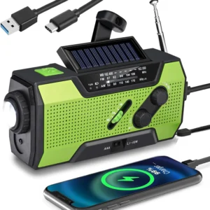 Emergency hand crank radio with solar panel, flashlight, and phone charging function, perfect for outdoor and emergency use.
