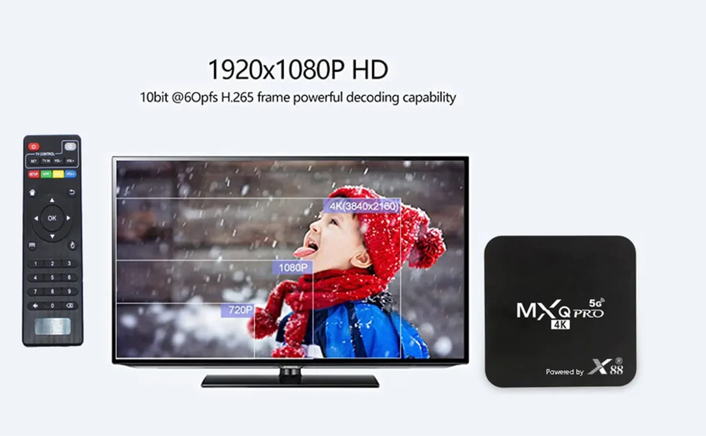 MXQ Pro 4K 5G Android TV Box with remote control, supports 4K, 3D video playback, dual-band WiFi, Android 13.1 OS.
