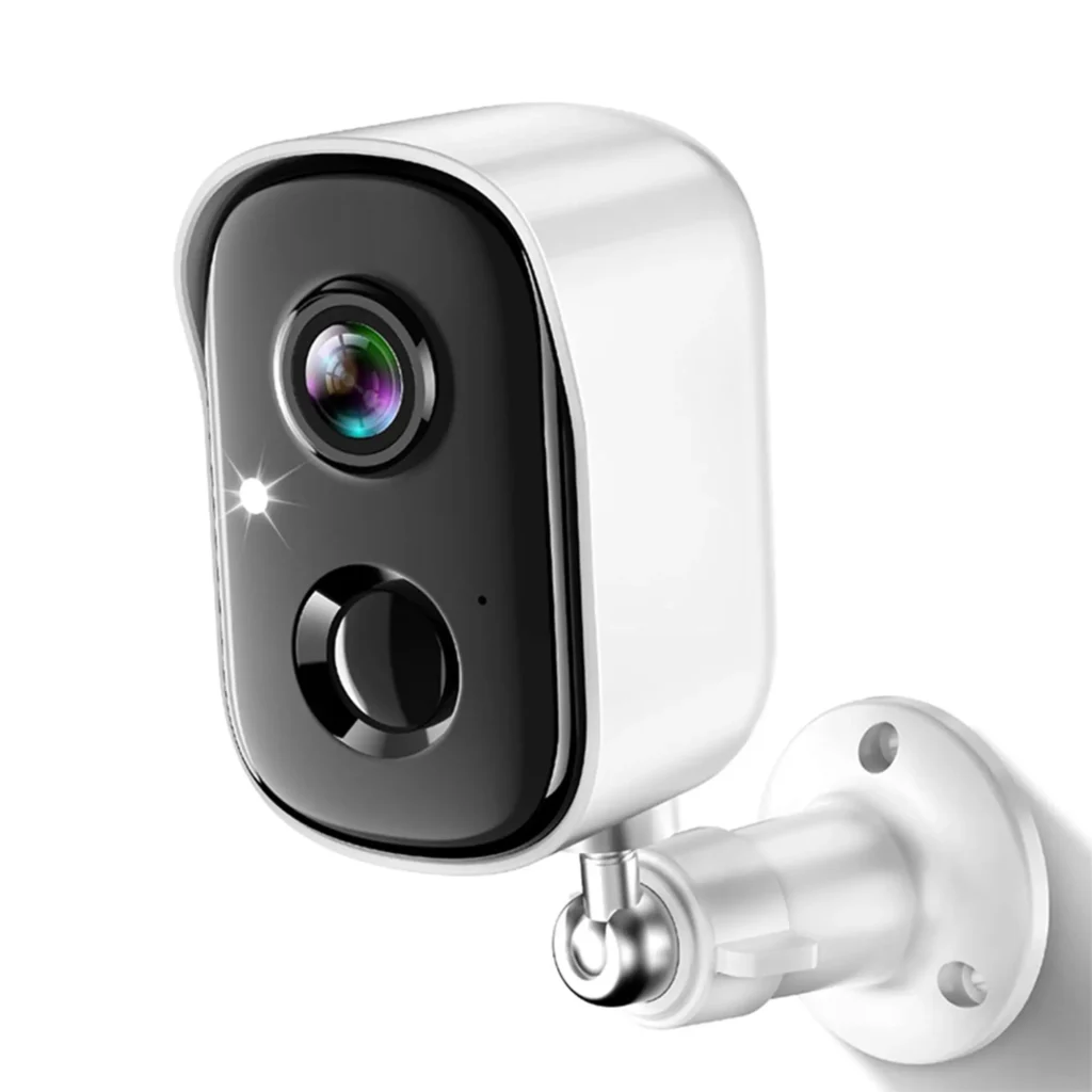 Wireless indoor/outdoor security camera, supports 1080P HD, IP65 waterproof, solar power, night vision, two-way audio, and AI motion detection.