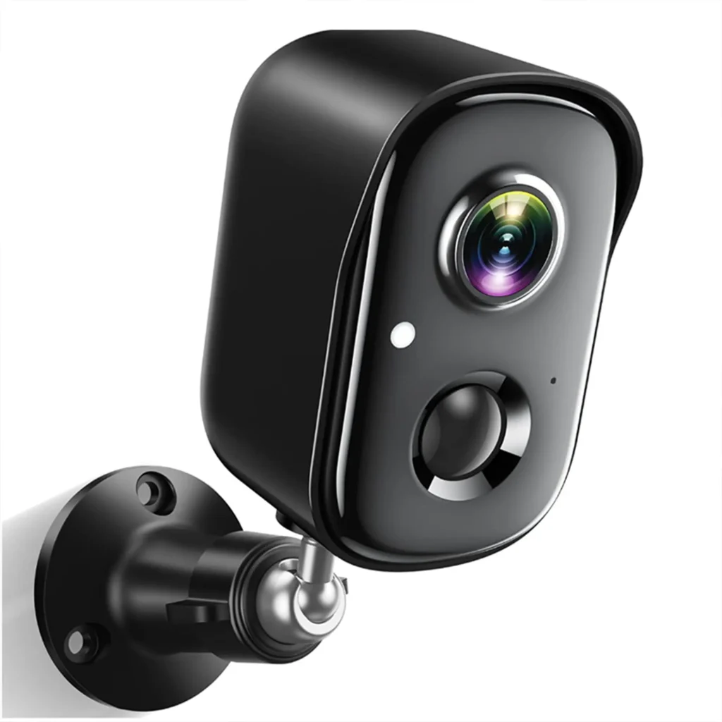 Wireless indoor/outdoor security camera, supports 1080P HD, IP65 waterproof, solar power, night vision, two-way audio, and AI motion detection.