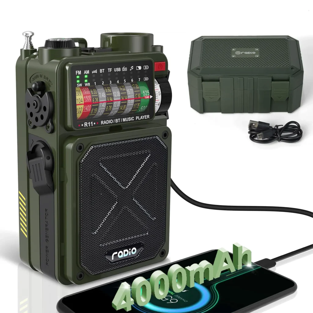 Emergency crank radio with NOAA/AM/FM/SW bands, 4000mAh battery, Bluetooth player, solar/hand crank/Type-C charging, outdoor essential
