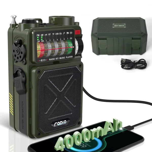 Emergency crank radio with NOAA/AM/FM/SW bands, 4000mAh battery, Bluetooth player, solar/hand crank/Type-C charging, outdoor essential