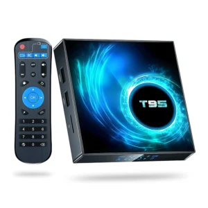 T95 Android TV Box 10.0 smart TV box with remote control, supports 4K, dual-band WiFi, and Bluetooth
