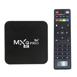 MXQ Pro 4K 5G Android TV Box with remote control, supports 4K, 3D video playback, dual-band WiFi, Android 13.1 OS.