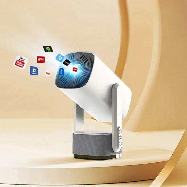 K2 smart home projector in white and grey, tilted on its stand, projecting app icons like YouTube and Netflix, highlighting its smart capabilities and built-in speaker.