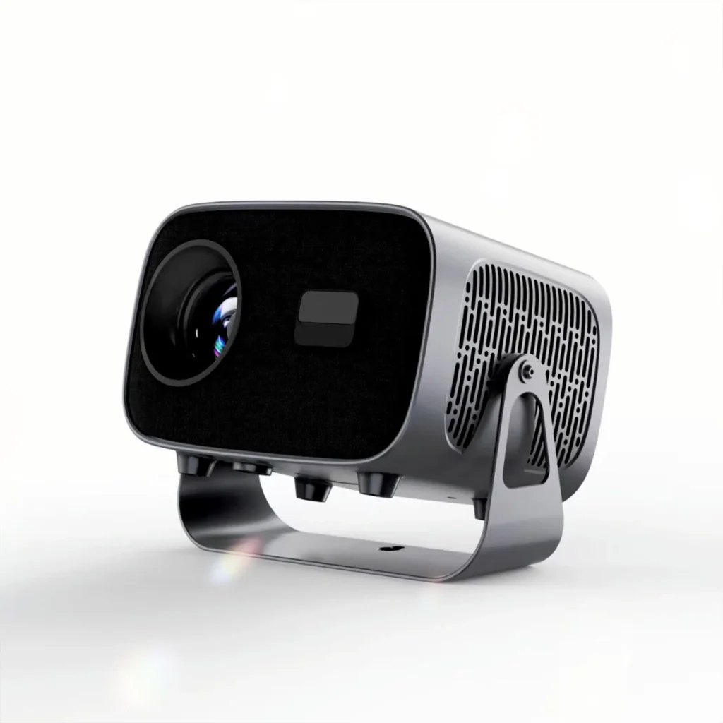 smart projector with Android 12, showcasing 720p native resolution, 200 ANSI lumens, Dual WiFi 6, Auto Focus, Dual 5W Speakers, and 360° rotatable stand.