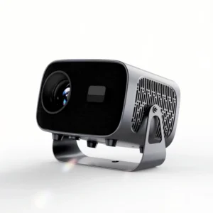 smart projector with Android 12, showcasing 720p native resolution, 200 ANSI lumens, Dual WiFi 6, Auto Focus, Dual 5W Speakers, and 360° rotatable stand.
