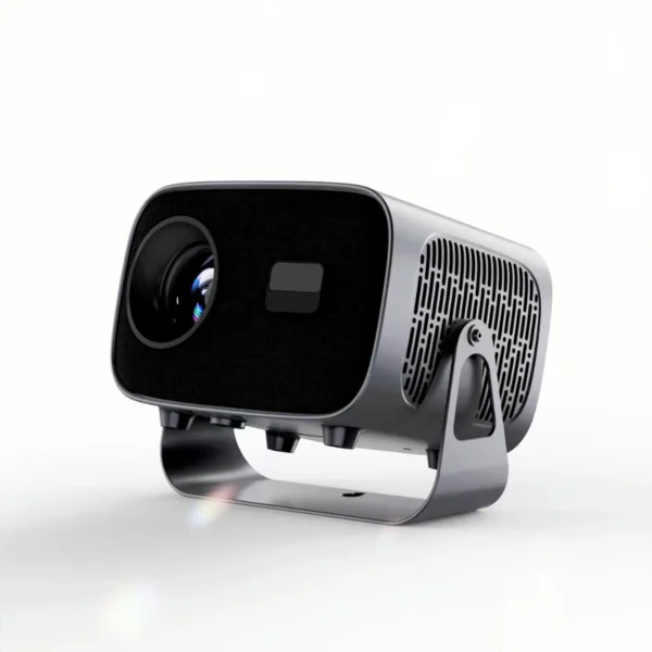 smart projector with Android 12, showcasing 720p native resolution, 200 ANSI lumens, Dual WiFi 6, Auto Focus, Dual 5W Speakers, and 360° rotatable stand.