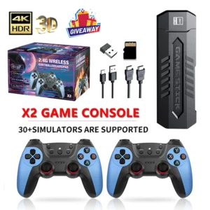 X2 retro game console stick package including the game stick, two 2.4GHz wireless controllers (blue/black), 256GB TF card, and various connection cables, showcasing 4K HDR output and 40+ emulators.