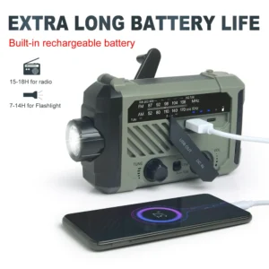 Multi-purpose emergency radio with FM/AM/WB, solar and hand crank charging, outdoor essential