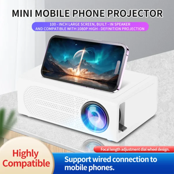 White mini mobile phone projector displaying a vibrant image from a connected smartphone, highlighting its 100-inch screen capability, 1080p HD support, and built-in speaker.