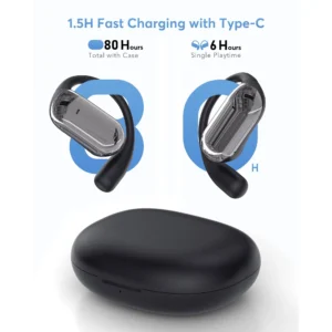 Black AI translation earbuds case showing 80 hours total playtime and 6 hours single playtime, highlighting 1.5H fast charging with Type-C.