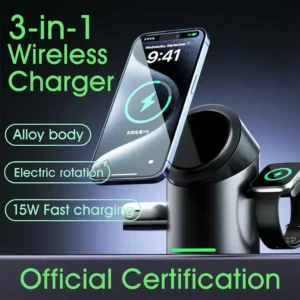 Black 3-in-1 wireless charger for iPhone, Apple Watch, and AirPods with magnetic alignment and smart rotation