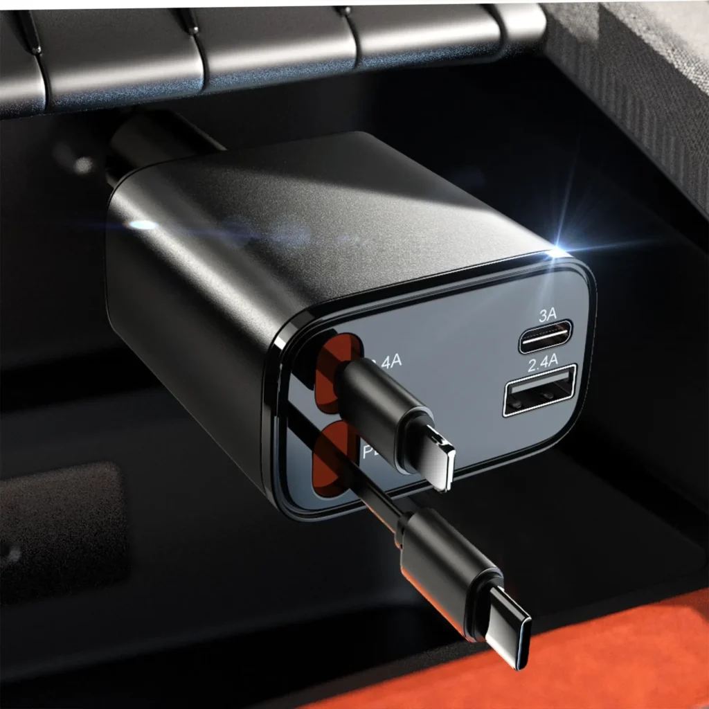 4-port fast car charger with three USB-C ports (one 3A, one 4A) and one USB-A (2.4A) port, shown plugged into a car's cigarette lighter socket with two USB-C cables connected.
