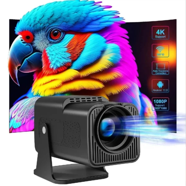Black HY320mini smart Android projector showcasing its Allwinner H313 chip, Wi-Fi, phone screen mirroring, and app support for Netflix & YouTube, with 1080P/4K input compatibility.
