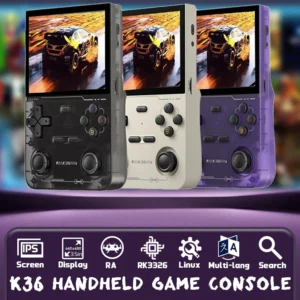 K36 Handheld Game Console, showcasing black, white, and purple colors
