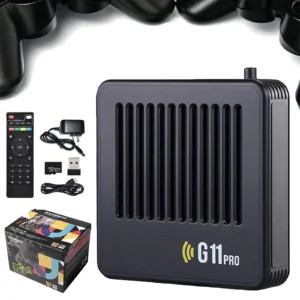 G11 Pro game box set with console, wireless controllers, remote, power adapter, and packaging, supports 4K retro gaming and multiplayer.