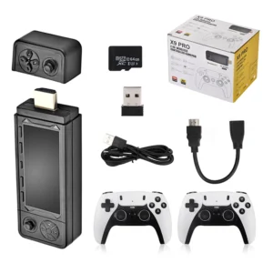 X9 Pro mini 4K HDMI retro game stick set with wireless controllers, 64GB memory card, USB receiver, HDMI cable, and packaging box.