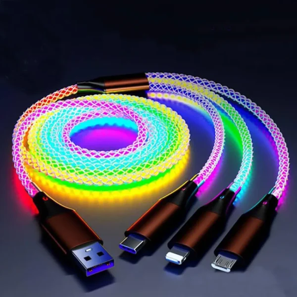 A coiled 3-in-1 charging cable is illuminated with flowing rainbow RGB lights, showcasing the USB-A, USB-C, Lightning, and Micro-USB connectors on a dark, reflective surface.