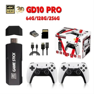 Black GD10 PRO 4K HDR retro game stick with two white 2.4G wireless controllers, MicroSD card (various storage options), USB receiver, and connection cables.