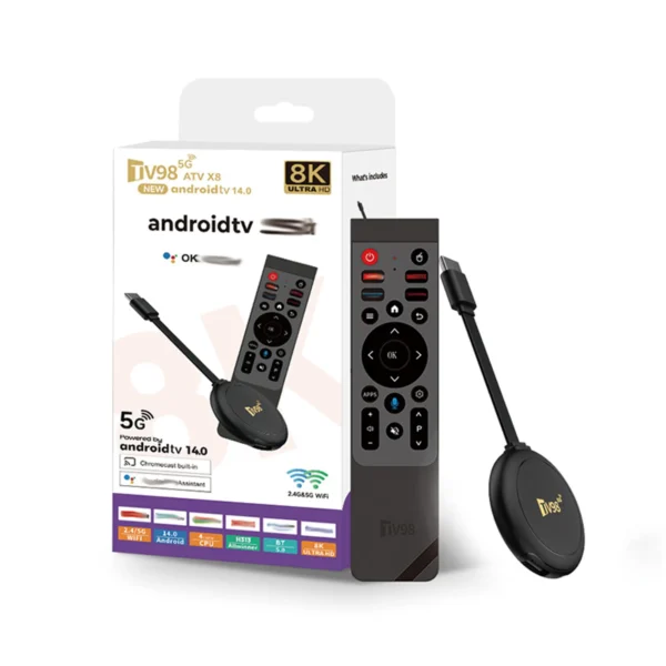 Black TV98 ATV X8 Android 14.0 TV Box dongle with its remote control, highlighting features like 8K video decoding, HDR10+, Allwinner H313 CPU, Dual WiFi, and BT 5.0.