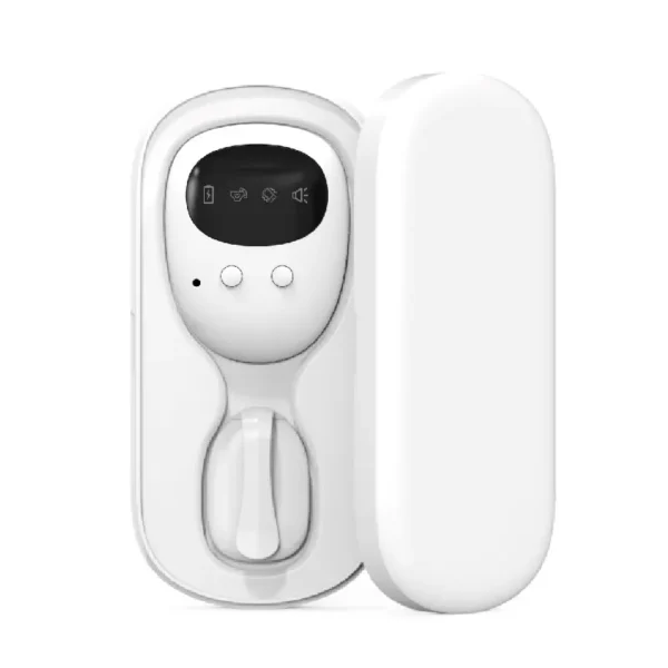 TXQ-2 separate infant wetness alarm system with its white charging case, showing the alarm unit with screen icons and the separate sensor clip.