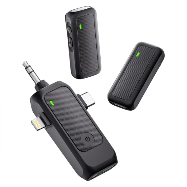 Product specification sheet for the X7 3-in-1 wireless lavalier microphone, showing the receiver with Lightning, USB-C, and 3.5mm connectors, and two transmitter units, alongside key technical specs.