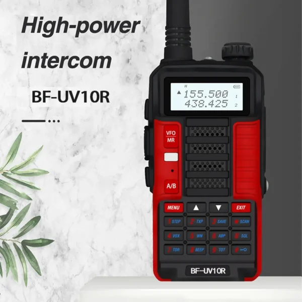 An infographic detailing the product parameters for the BF-UV10R two-way radio, showing its 10W high power, dual-band VHF/UHF frequency, 4800mAh battery, and 128 channels, next to an image of the red and black device.