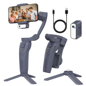 Grey 3-axis foldable phone gimbal stabilizer holding a smartphone, shown with its AI tracking/fill light module, tripod, and USB-C charging cable.
