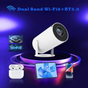 White HY300PRO smart projector on its stand, with its lens facing a background collage of streaming app icons like Netflix, YouTube, and Prime Video, highlighting its Android 11.0 OS and 8000+ app capability.