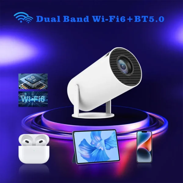 White HY300PRO smart projector on its stand, with its lens facing a background collage of streaming app icons like Netflix, YouTube, and Prime Video, highlighting its Android 11.0 OS and 8000+ app capability.