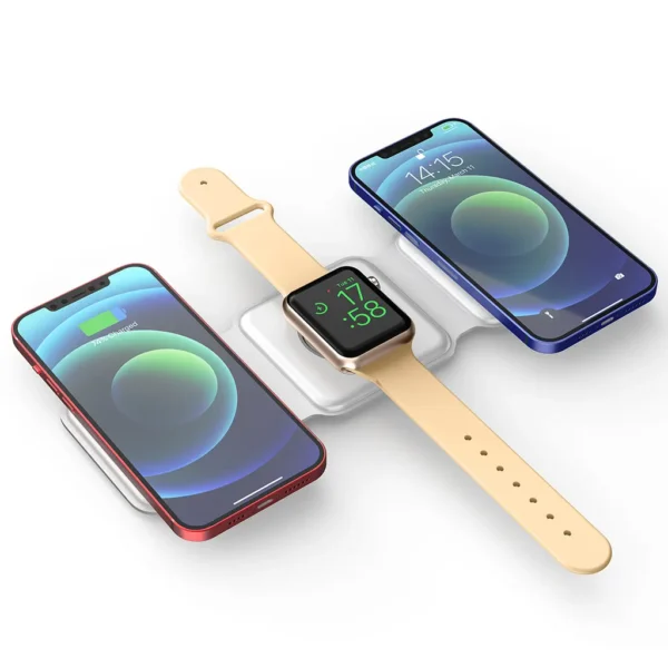 White 3-in-1 foldable magnetic wireless charger simultaneously charging two iPhones and an Apple Watch, showcasing its multi-device capability and compact design.