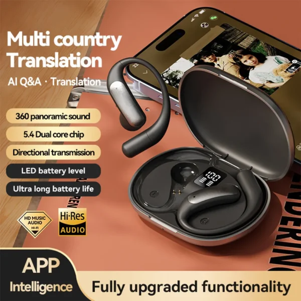 Black wireless ear-hook style earbuds with a silver accent, shown with their charging case featuring an LED battery display, highlighting AI translation, Hi-Res audio, and app intelligence.