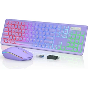 Wireless keyboard with rainbow RGB backlighting and a matching RGB backlit mouse with its 2.4GHz USB receiver, on a reflective surface.