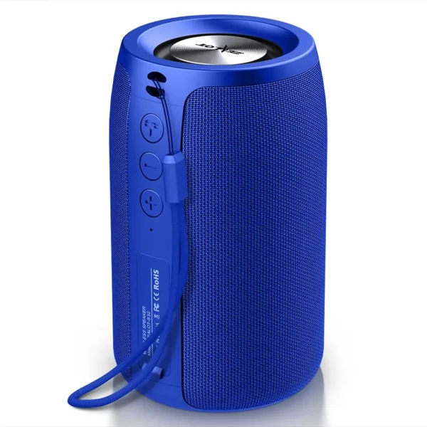 Blue Zealot S32 cylindrical portable Bluetooth speaker with side control buttons, fabric mesh exterior, and a carry strap.