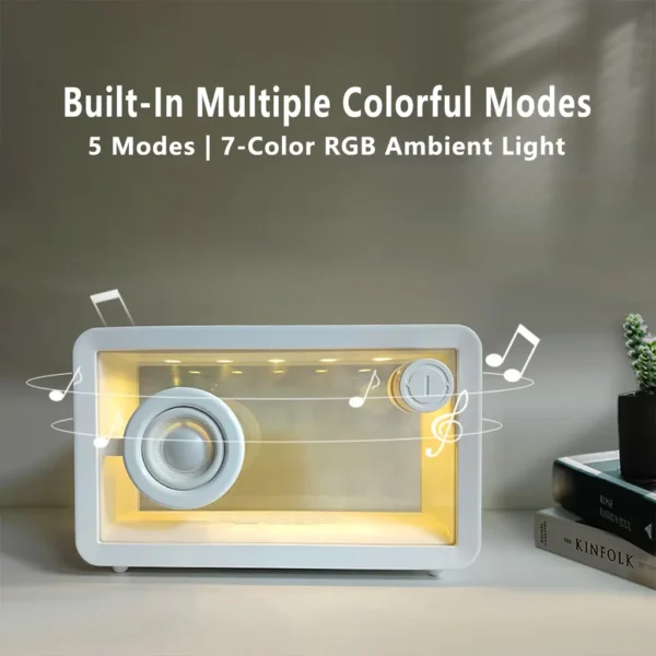 Black framed transparent glass Bluetooth speaker with a visible white driver and control knob, showcasing its colorful ambient lighting effect in a home setting.