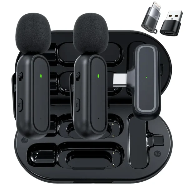 Dual wireless lavalier microphone system with two transmitters, one USB-C receiver, a charging case, and Type-C to Lightning & USB-A adapters.