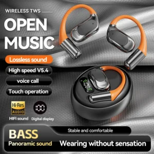 Pair of orange and silver open-ear wireless TWS earbuds with their black charging case featuring a digital battery display, highlighting "Lossless sound" and "Hi-Res Audio."