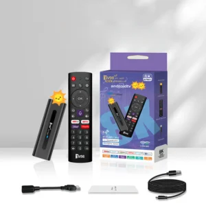 TV98 ATV Android 14 TV box stick with its remote control and retail packaging, highlighting 8K Ultra HD support, Allwinner H313 CPU, Dual WiFi, and Android 14 OS.