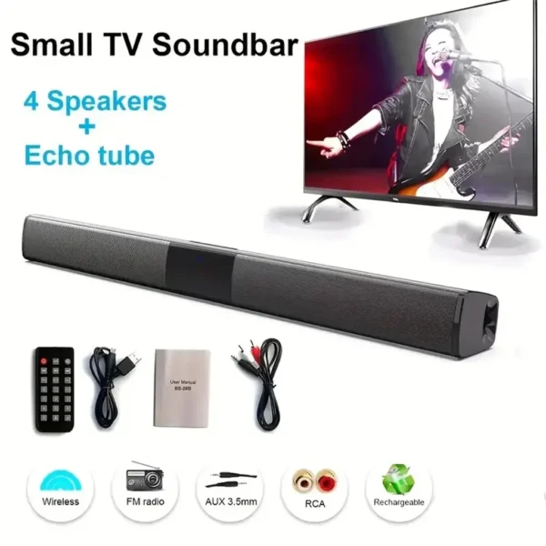 Black TV soundbar with multiple speaker drivers, shown with its remote control, included cables (USB, RCA), and connectivity icons for TF Card, USB, AUX, RCA, and FM Radio, below a TV.