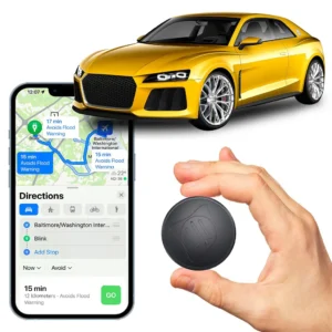 Hand holding a small black magnetic mini GPS tracker, with a smartphone app showing map directions and a yellow sports car in the background, illustrating vehicle tracking.