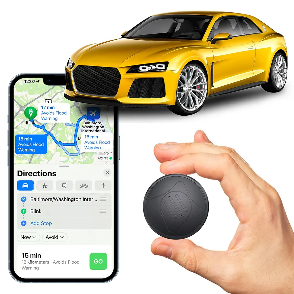 Hand holding a small black magnetic mini GPS tracker, with a smartphone app showing map directions and a yellow sports car in the background, illustrating vehicle tracking.