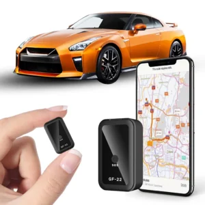 Hand holding a very small black GF-22 mini GPS tracker with an SOS button, alongside a larger view of the tracker, a smartphone app showing map navigation, and an orange sports car in the background.