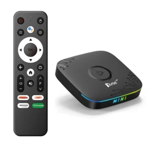 Black TV98 ATV MINI Android 14.0 TV Box with its Google Assistant remote control, showcasing features like 8K video decoding, HDR10+, Rockchip RK3518 CPU, Dual WiFi, and subtle RGB edge lighting.