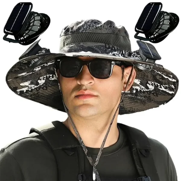 Man wearing a camouflage solar fan hat with dual fans on the brim, sunglasses, and an adjustable chin strap, designed for outdoor cooling.