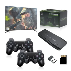 Black GAME STICK LITE 4K Ultra HD retro game console with two 2.4G wireless controllers, MicroSD card, USB receiver, and various connection cables.