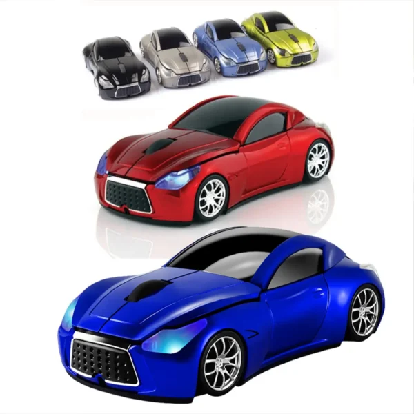 Collection of wireless sport car shaped optical mice in various colors (red and blue featured prominently), showcasing their sleek design and LED headlights.
