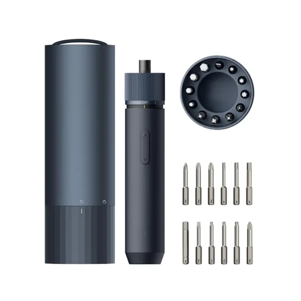 Sleek dark grey electric screwdriver with its aluminum storage case, a selection of 12 S2 steel bits, and a top view of the bit holder, all on a white background.