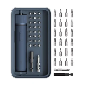 Blue and grey precision electric screwdriver neatly arranged in its magnetic rectangular storage case with 25 S2 steel bits, including a long PH2 bit and an extension rod.