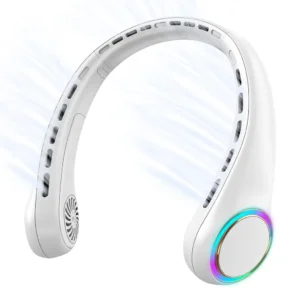 A white, wearable, bladeless neck fan with a colorful RGB light ring, shown blowing air against a white background.